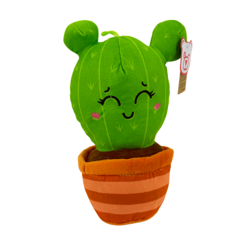 Plüsch Kaktus im Topf ca. 22 cm mit geschlossenen Augen und rosa Bäckchen im orange-weiß gestreiften Topf – süße Deko zum Kuscheln.